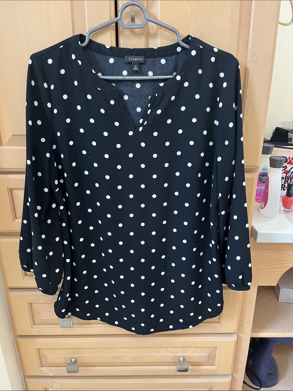 Talbots Black and White Polka Dot Split-Neck Blouse